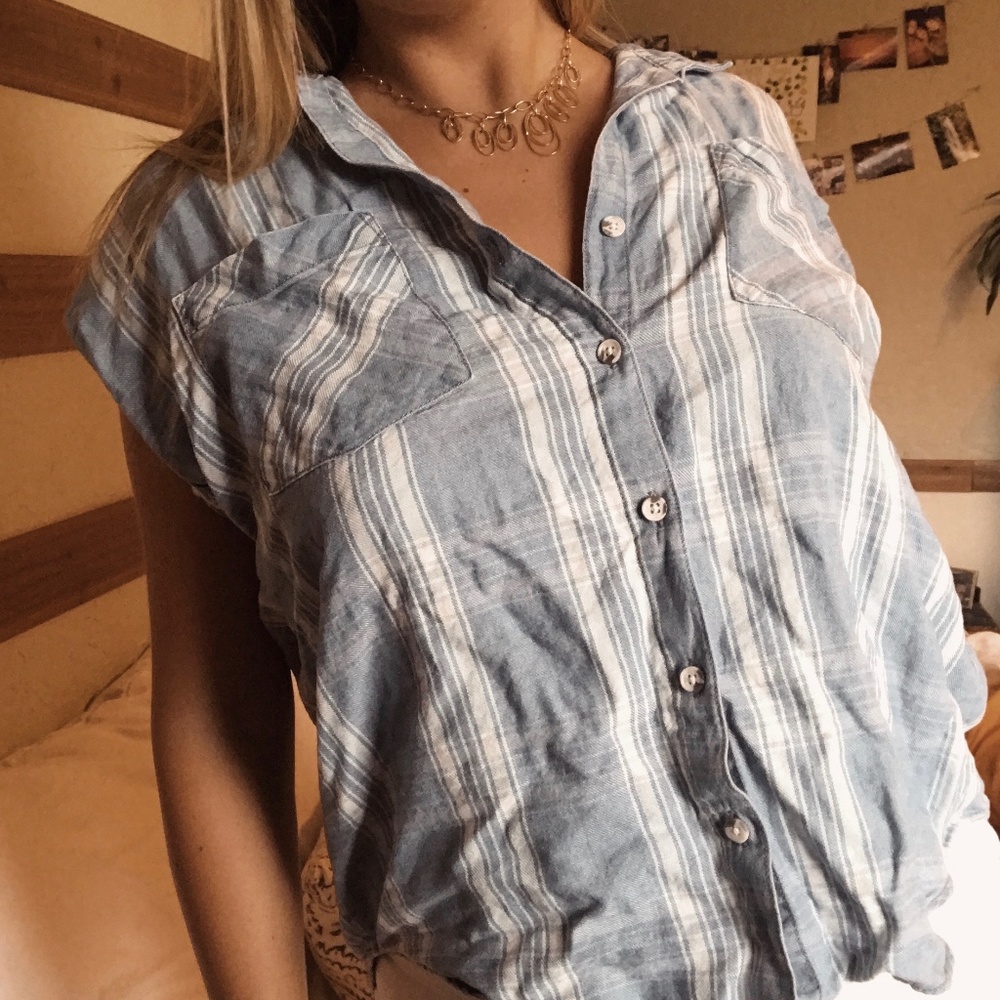 striped denim button up